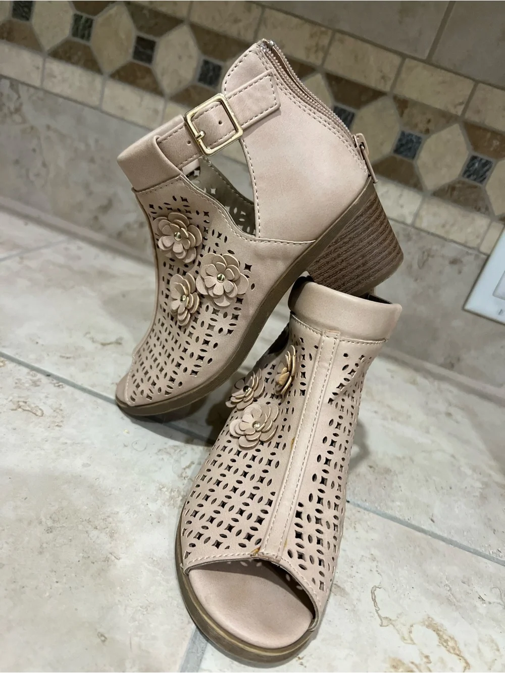 Jellypop Blush Beige Floral Cutout Peep-Toe Sandals